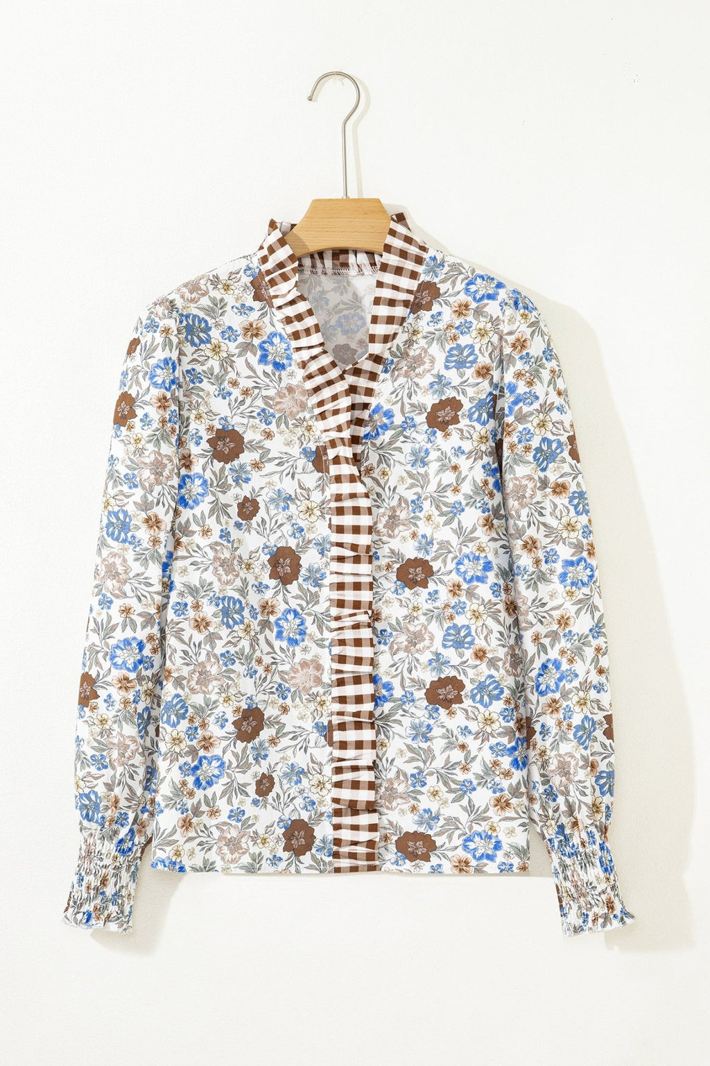 Floral Gingham Plaid Frilled Trim Long Sleeve Blouse - Rooted & Reckless Co.