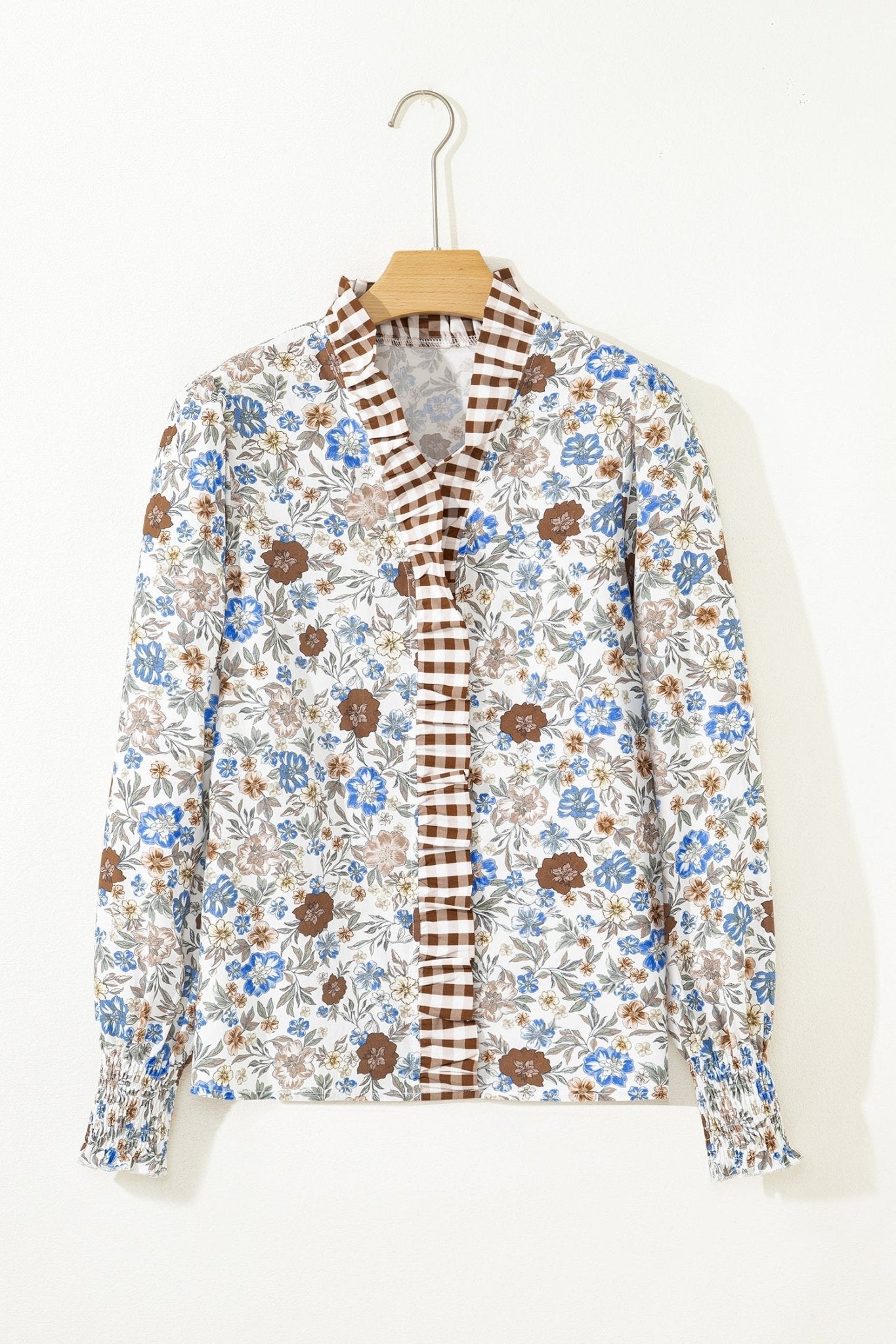 Floral Gingham Plaid Frilled Trim Long Sleeve Blouse - Rooted & Reckless Co.