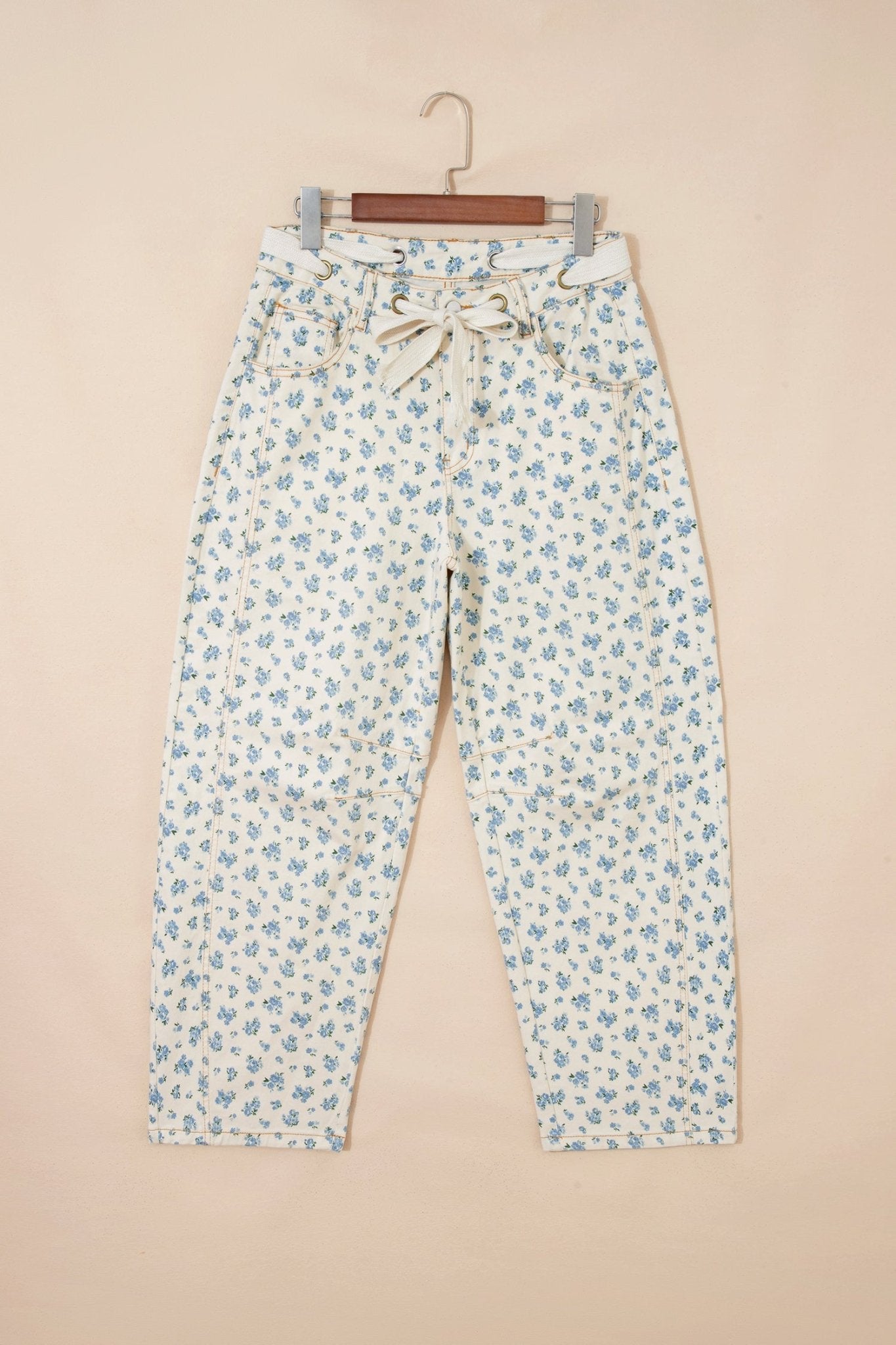 Floral Grommet Knot Waist Barrel Leg Jeans - Rooted & Reckless Co.