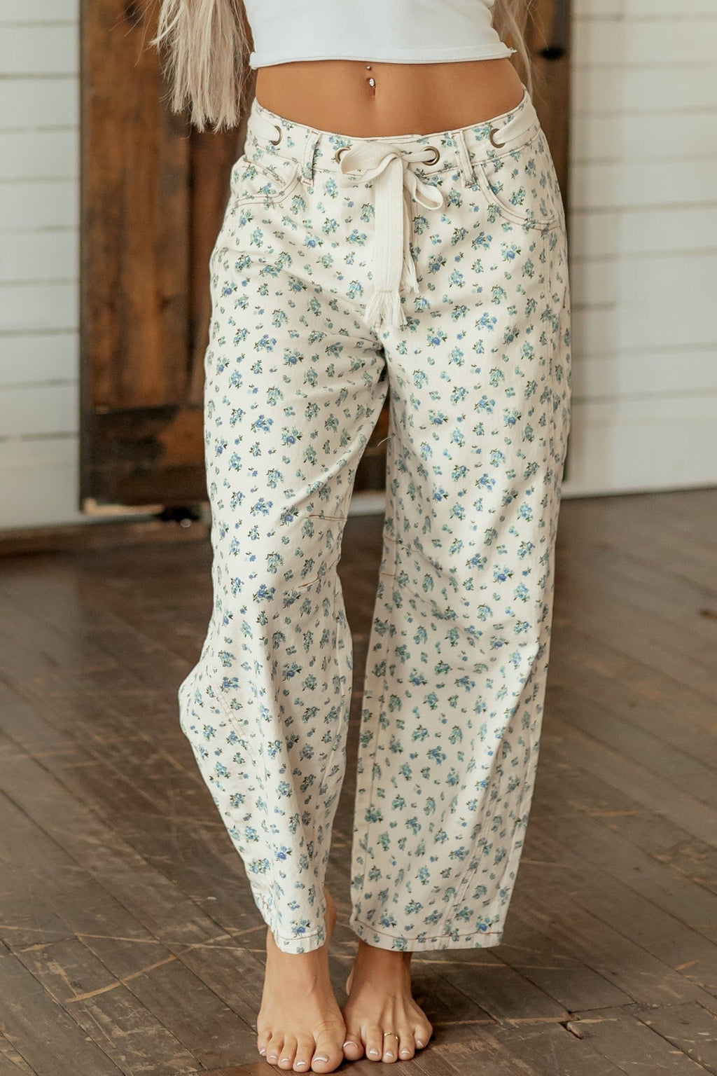 Floral Grommet Knot Waist Barrel Leg Jeans - Rooted & Reckless Co.