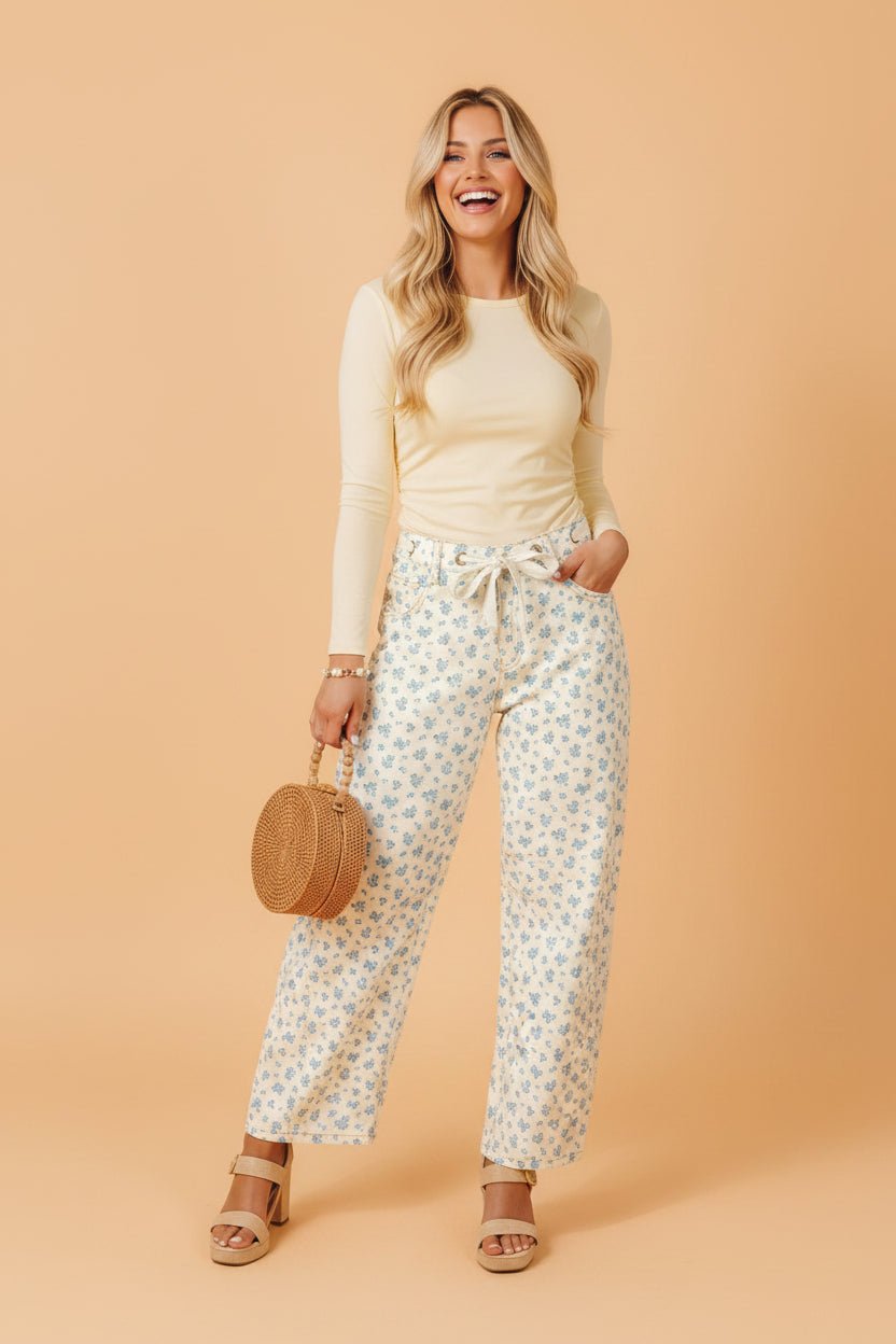 Floral Grommet Knot Waist Barrel Leg Jeans - Rooted & Reckless Co.