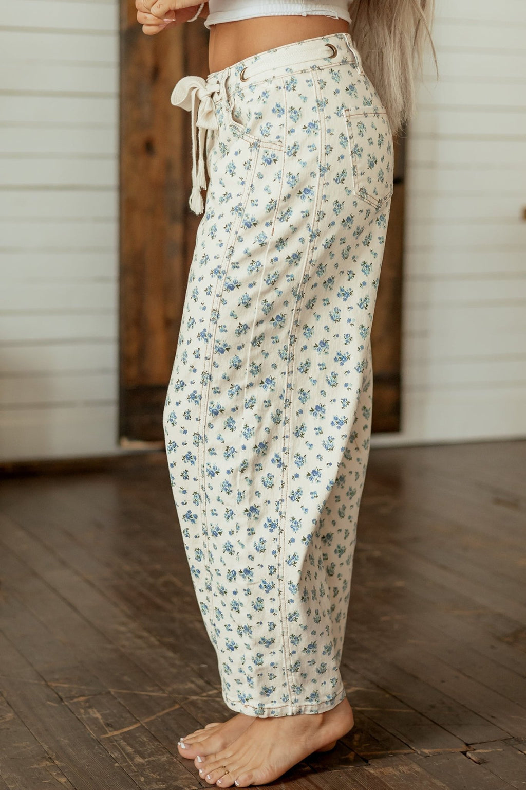 Floral Grommet Knot Waist Barrel Leg Jeans - Rooted & Reckless Co.