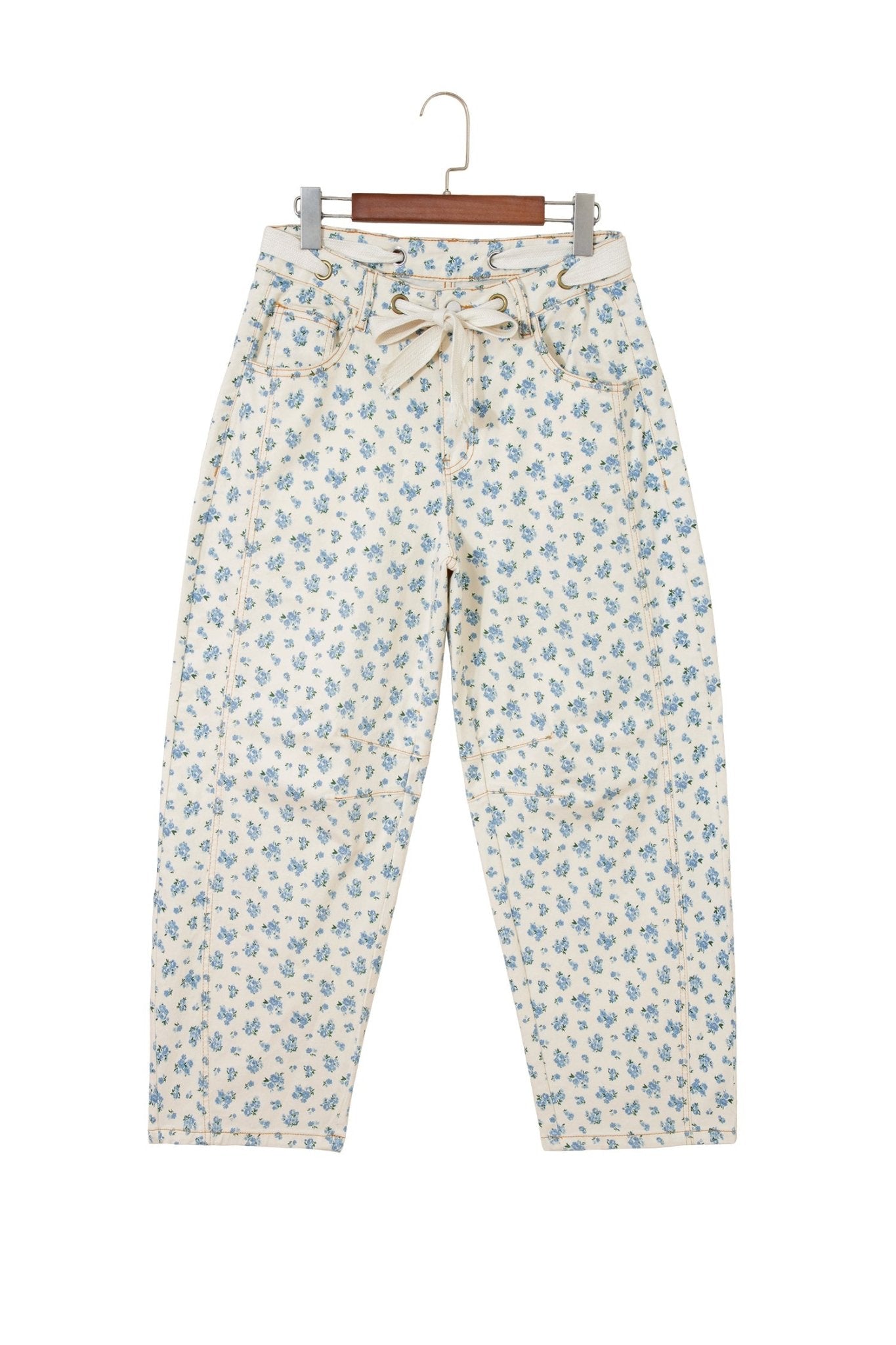 Floral Grommet Knot Waist Barrel Leg Jeans - Rooted & Reckless Co.