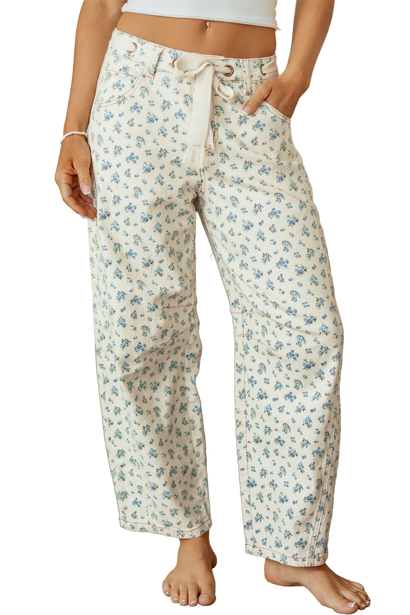Floral Grommet Knot Waist Barrel Leg Jeans - Rooted & Reckless Co.
