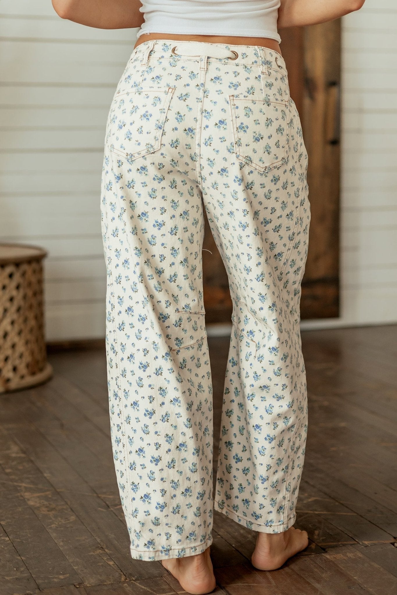 Floral Grommet Knot Waist Barrel Leg Jeans - Rooted & Reckless Co.
