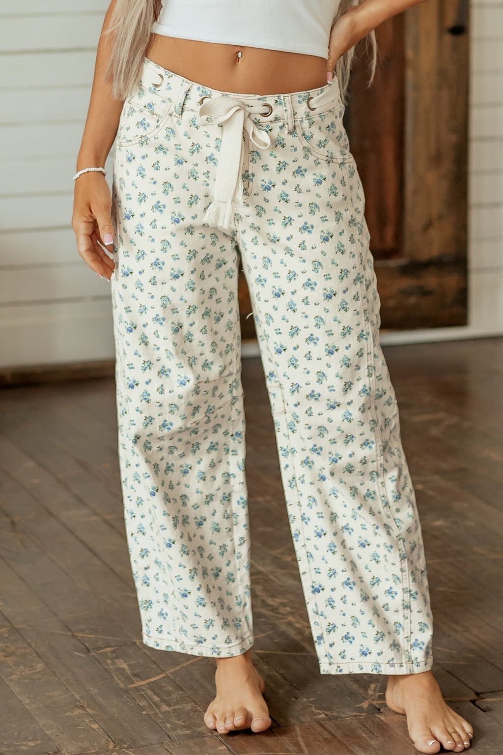 Floral Grommet Knot Waist Barrel Leg Jeans - Rooted & Reckless Co.