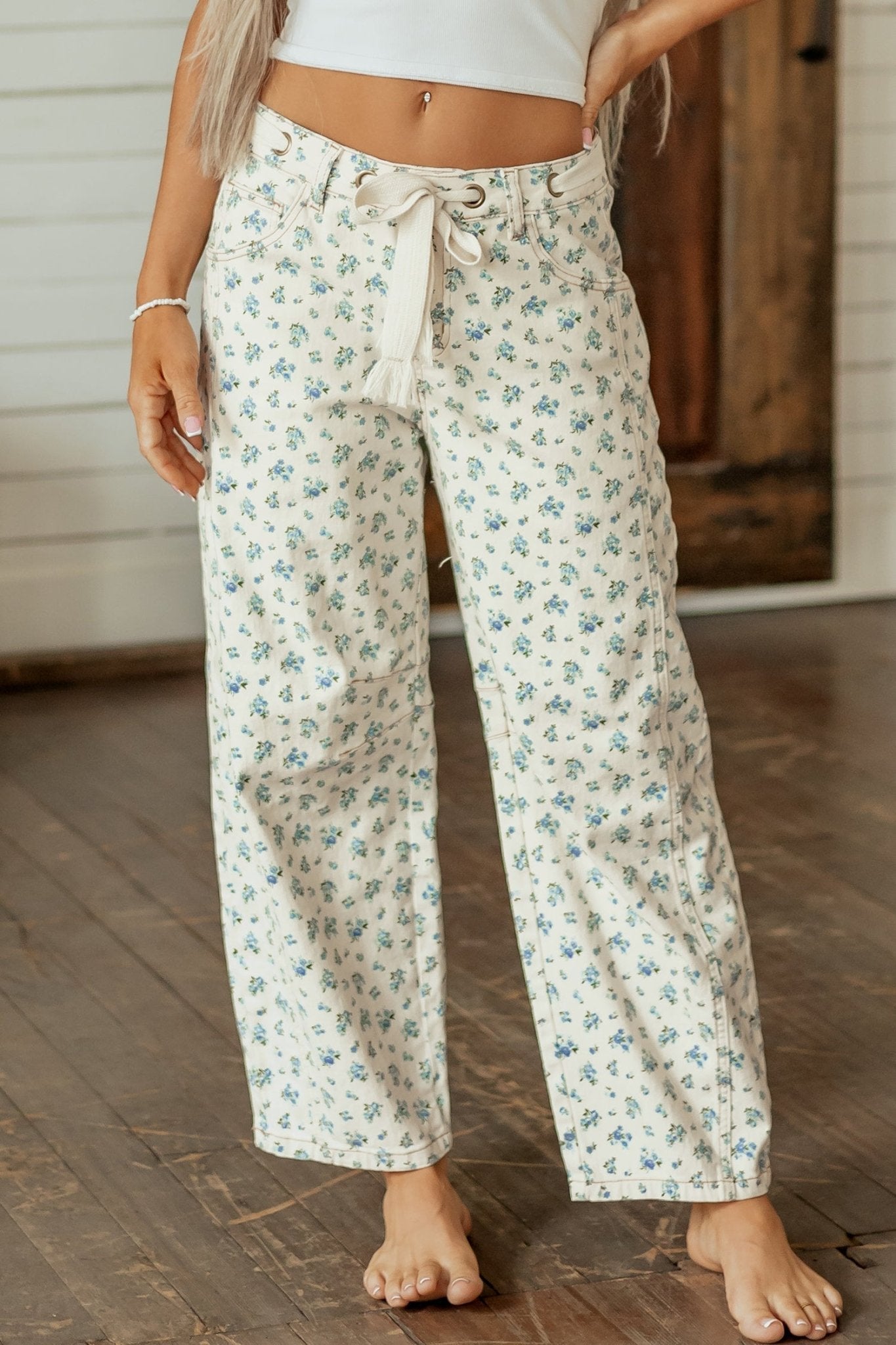 Floral Grommet Knot Waist Barrel Leg Jeans - Rooted & Reckless Co.