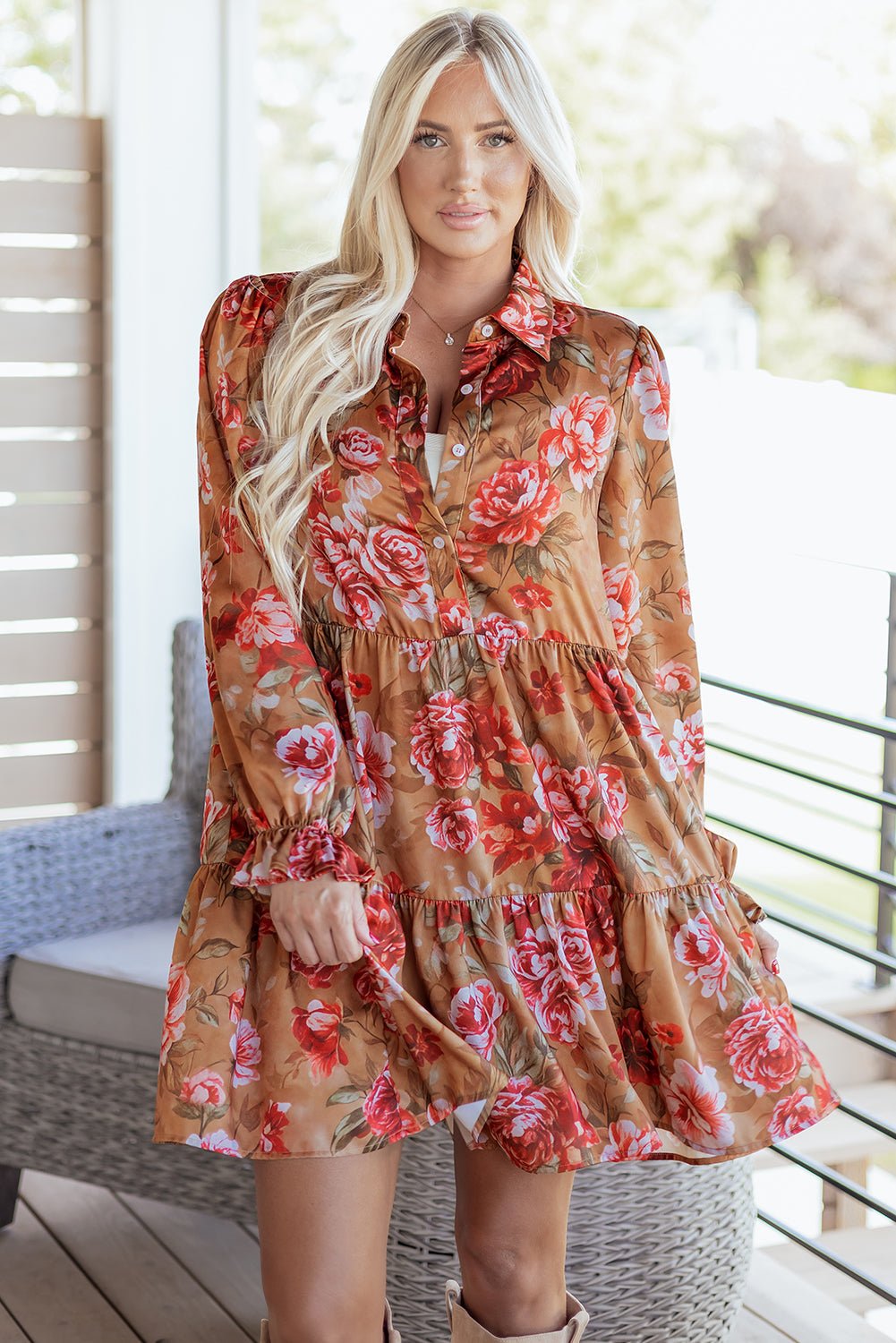 Floral Half-Button Long Sleeve Ruffle Mini Dress - Rooted & Reckless Co.