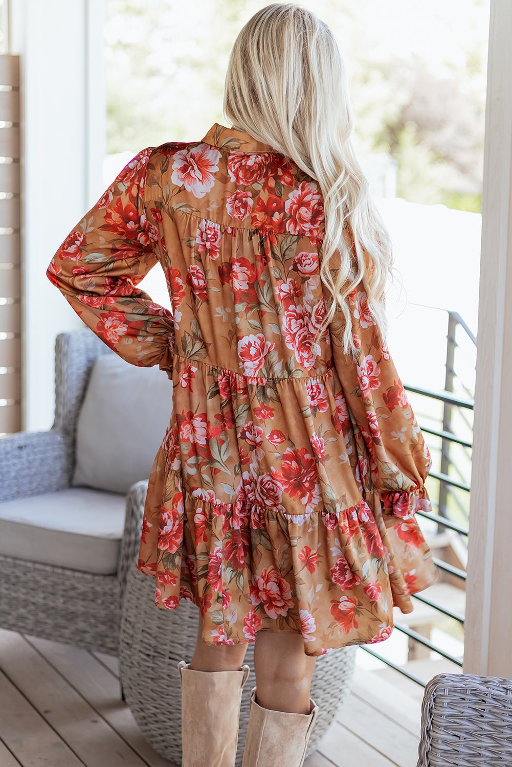 Floral Half-Button Long Sleeve Ruffle Mini Dress - Rooted & Reckless Co.