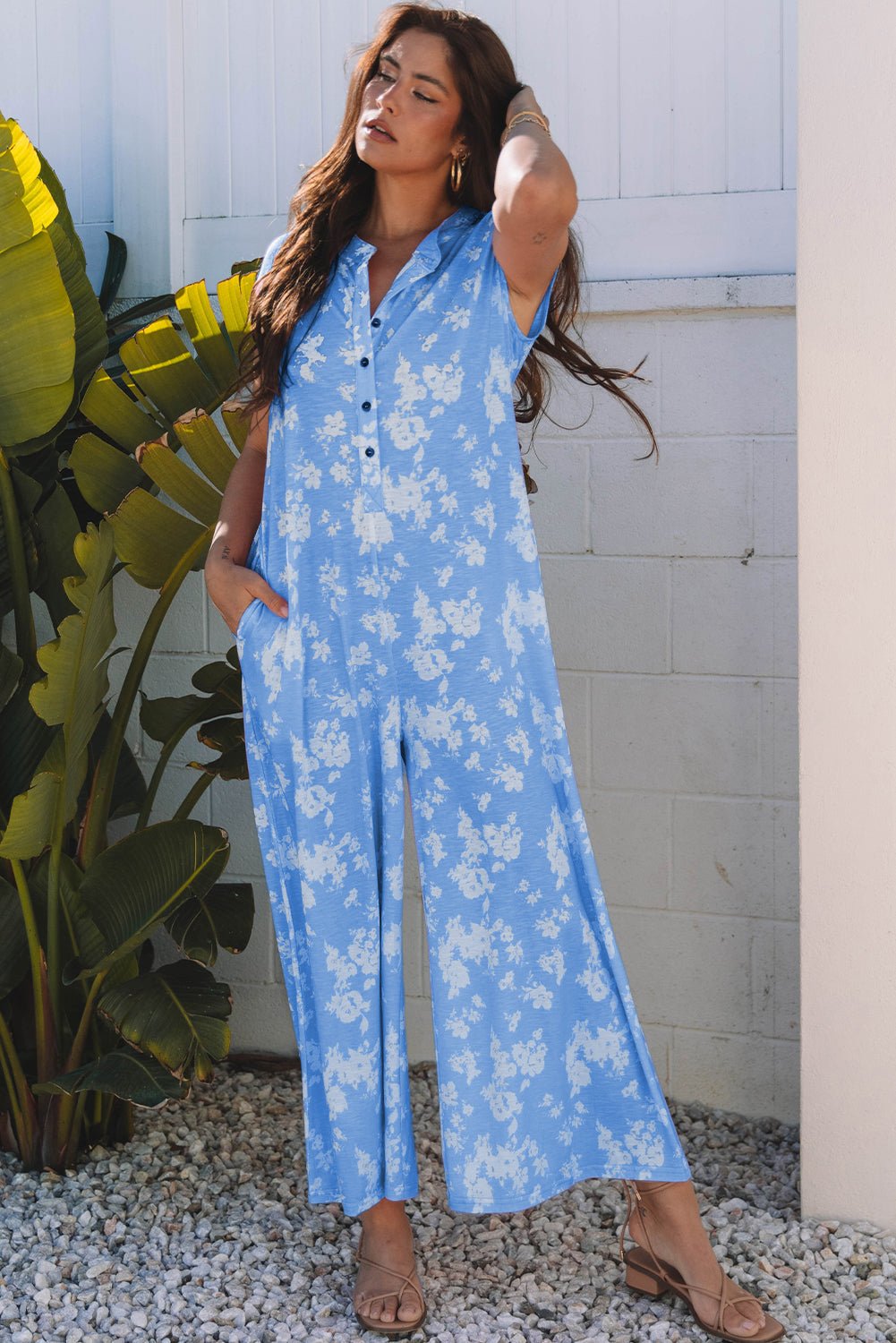 Floral Half-Button Sleeveless Wide Leg Jumpsuit - Rooted & Reckless Co.
