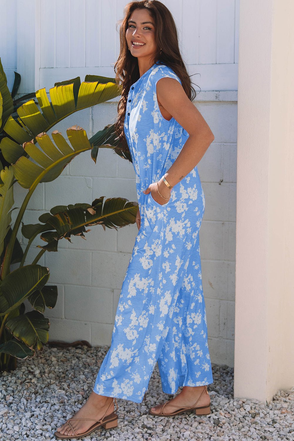 Floral Half-Button Sleeveless Wide Leg Jumpsuit - Rooted & Reckless Co.