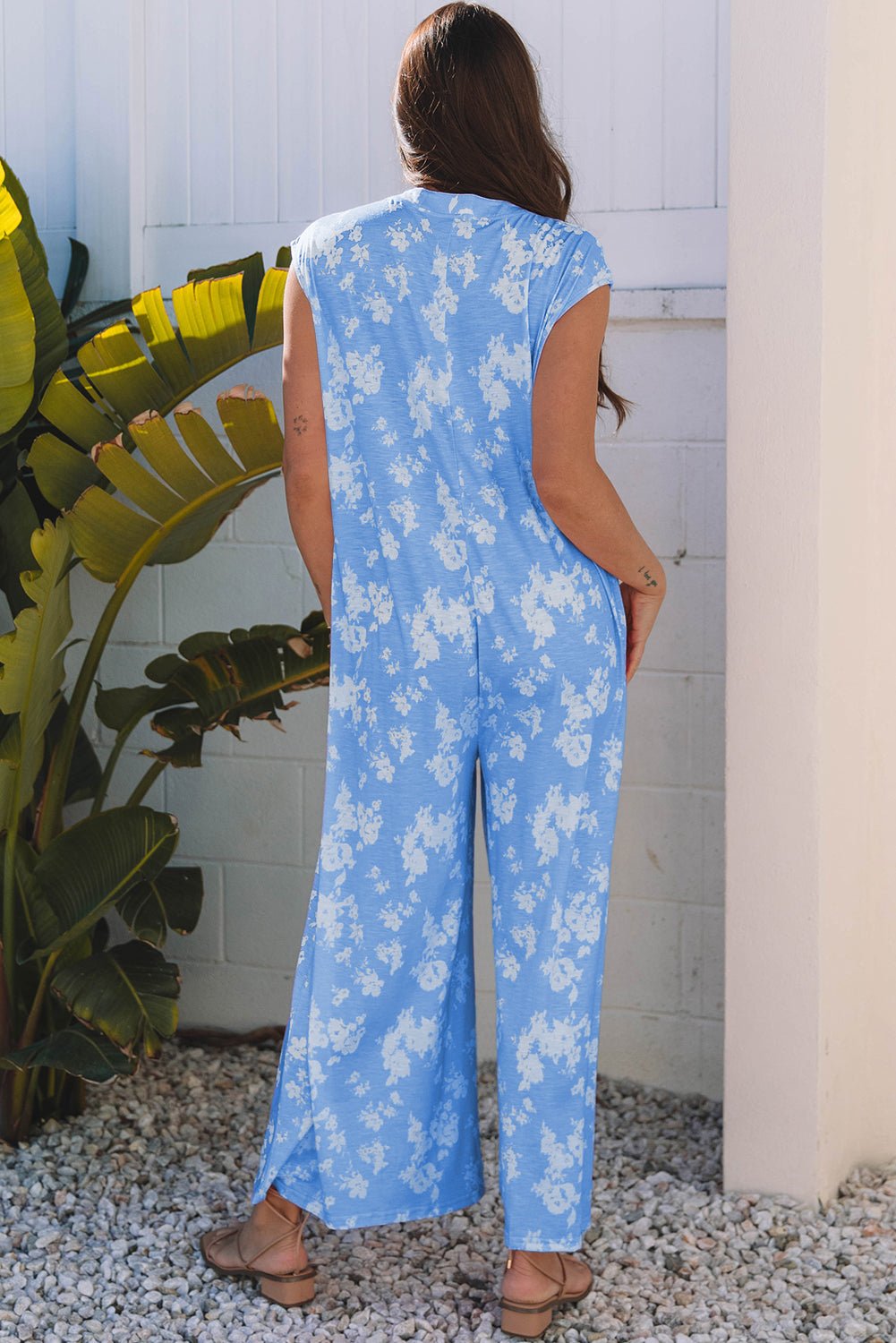 Floral Half-Button Sleeveless Wide Leg Jumpsuit - Rooted & Reckless Co.