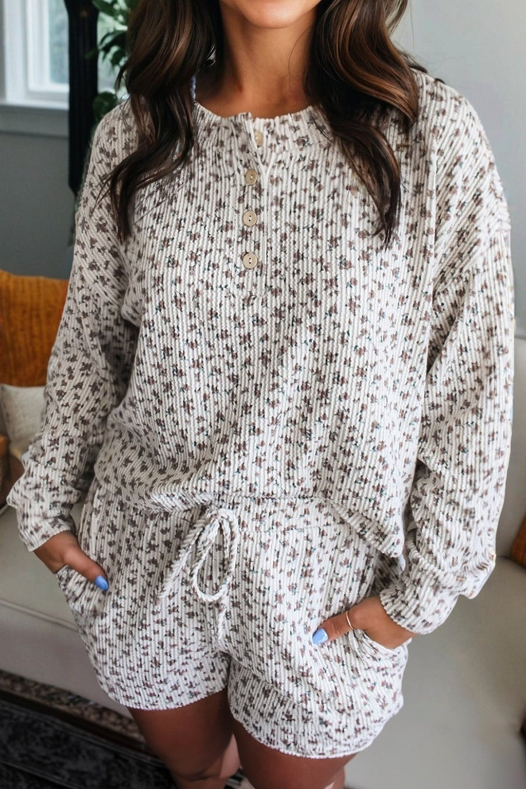 Floral Henley Top and Drawstring Shorts Set - Rooted & Reckless Co.