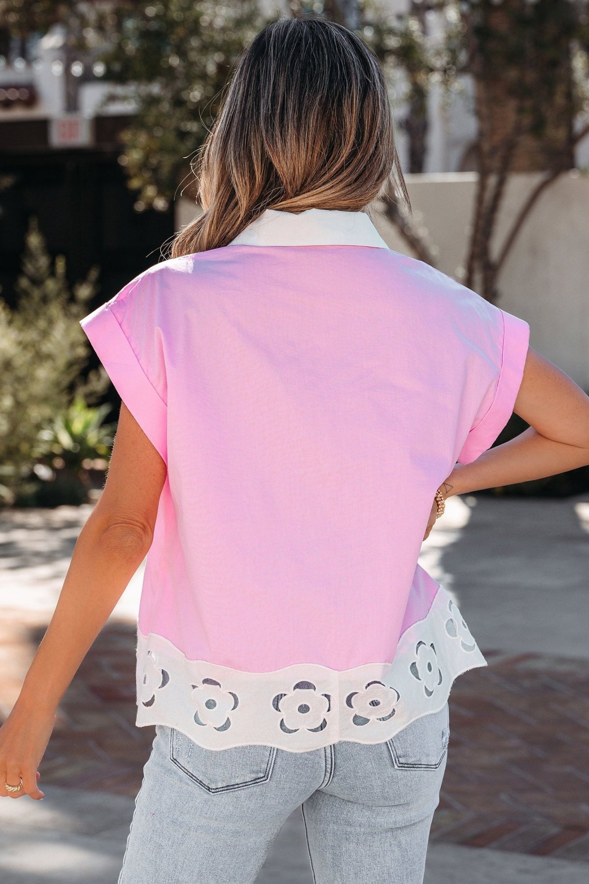Floral Hollow Out Contrast Patchwork Shirt - Rooted & Reckless Co.
