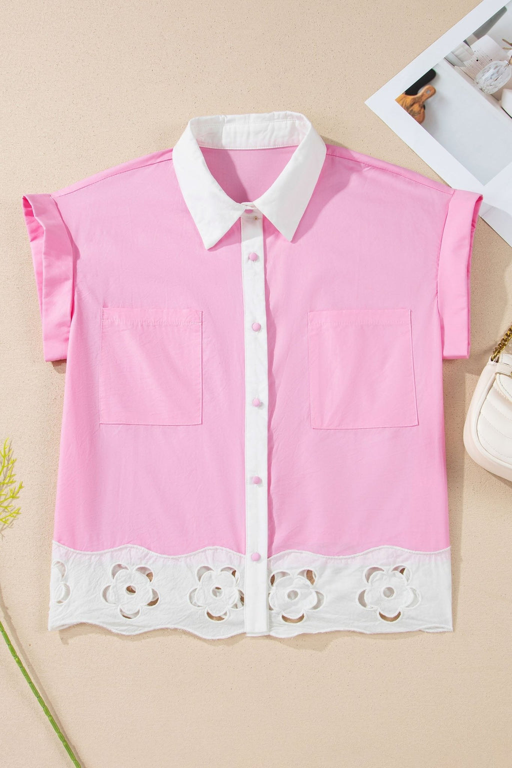 Floral Hollow Out Contrast Patchwork Shirt - Rooted & Reckless Co.