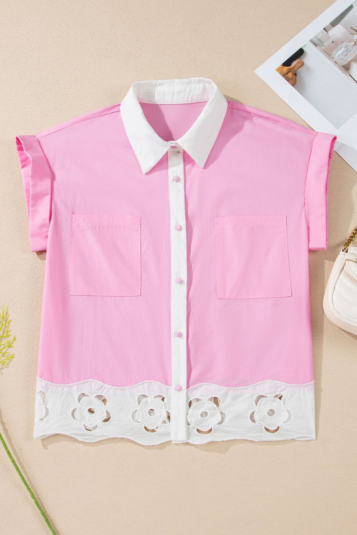 Floral Hollow Out Contrast Patchwork Shirt - Rooted & Reckless Co.