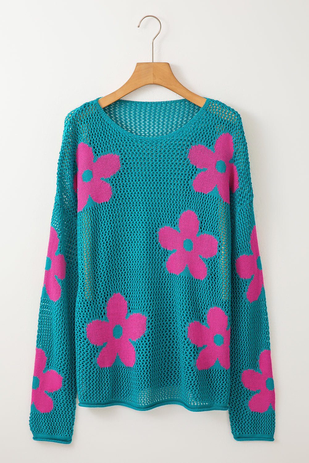 Floral Hollowed Knit Drop Shoulder Pullover Sweater - Rooted & Reckless Co.