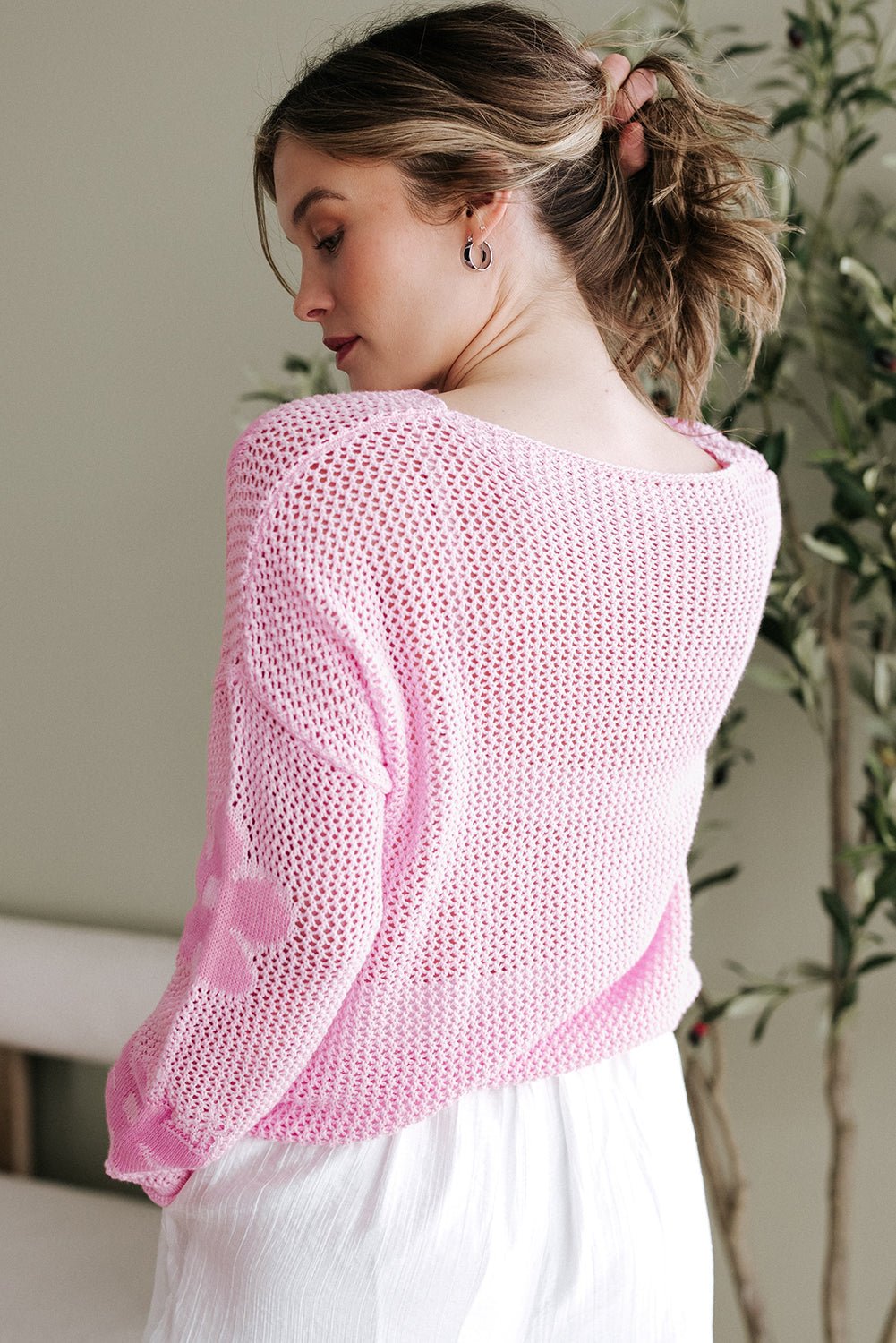 Floral Hollowed Knit Drop Shoulder Pullover Sweater - Rooted & Reckless Co.