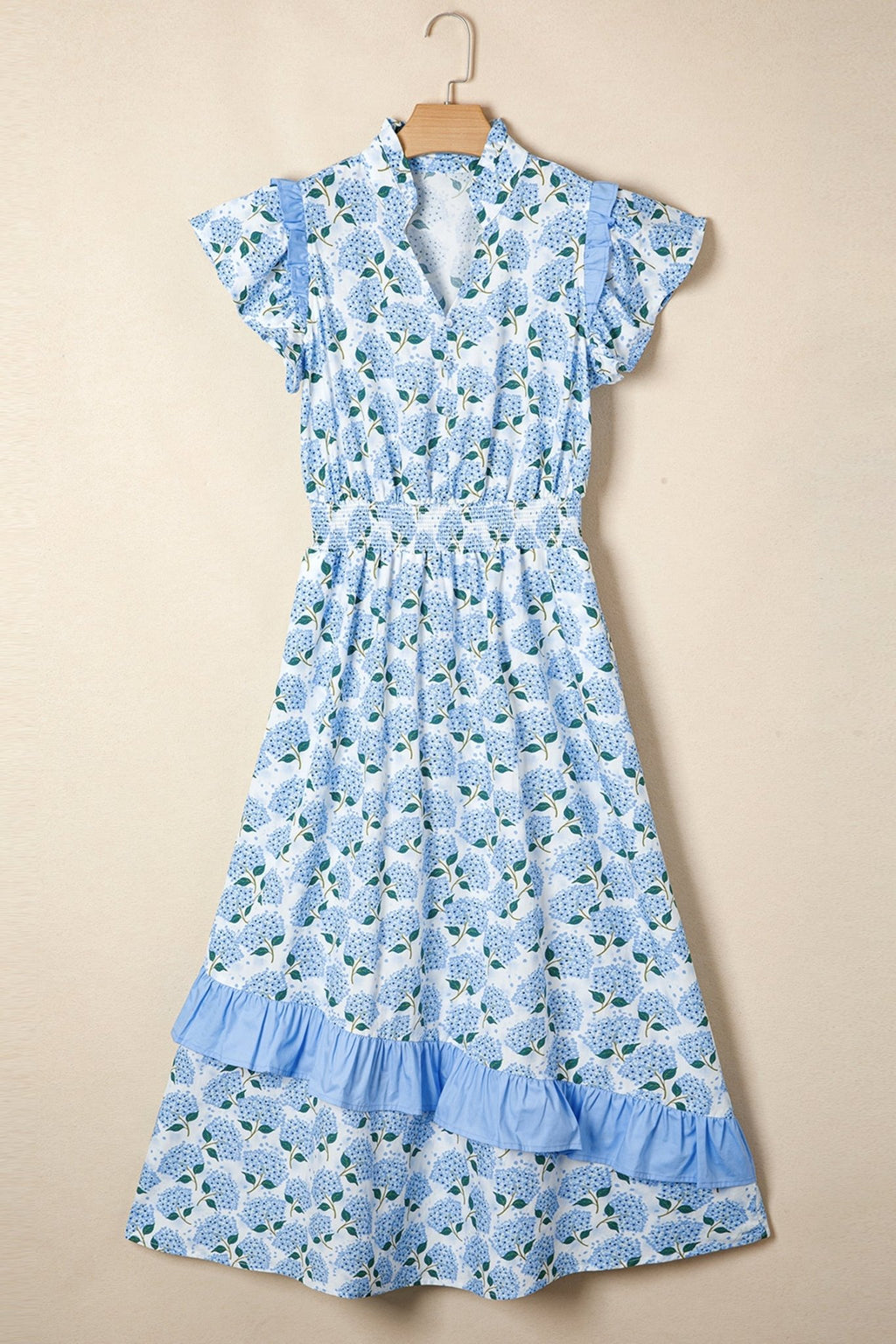 Floral Hydrangea Ruffle Flutter Sleeve Maxi Dress - Rooted & Reckless Co.