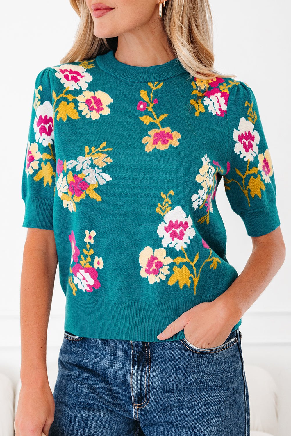 Floral Knit Crewneck Short Sleeve Top - Rooted & Reckless Co.