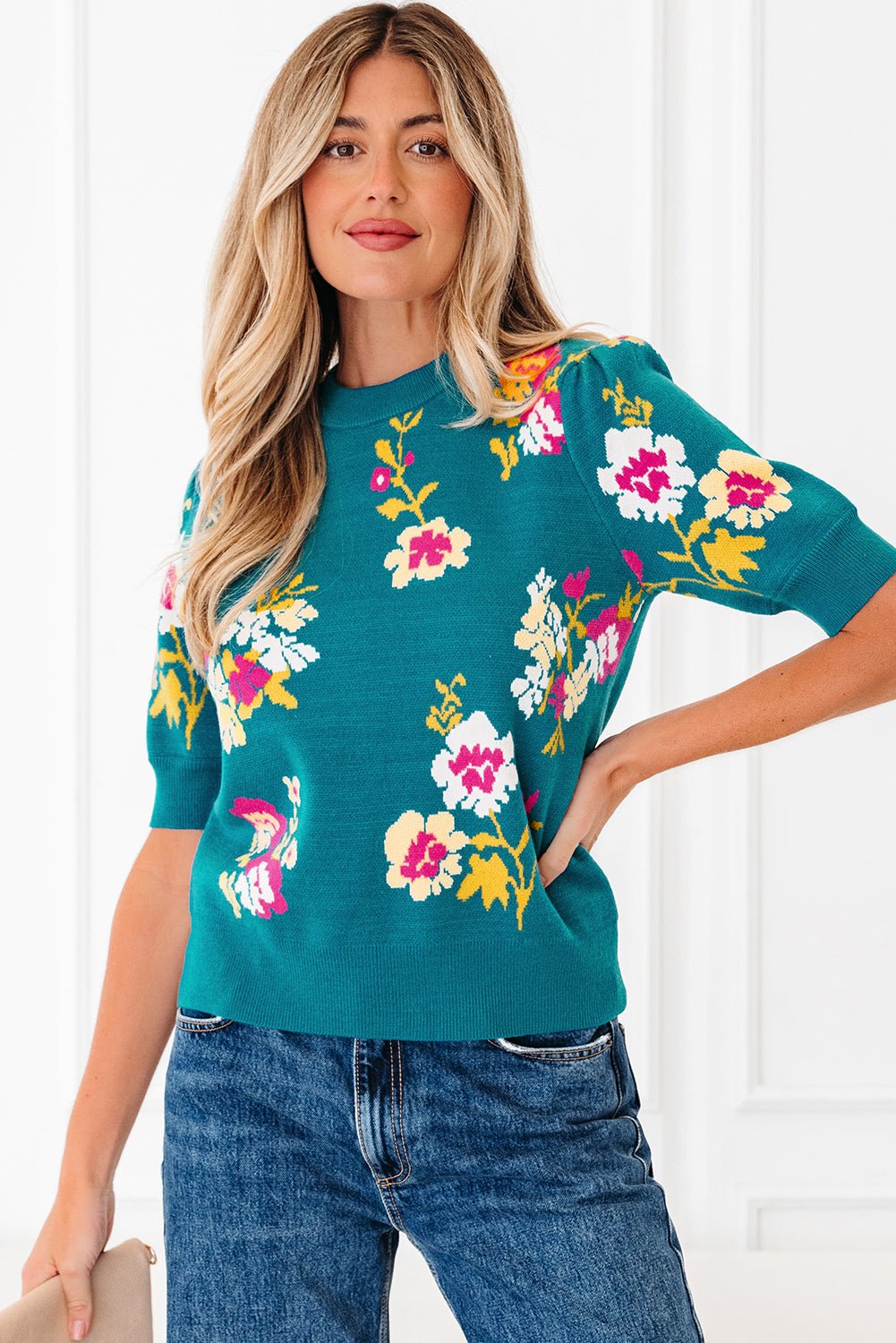 Floral Knit Crewneck Short Sleeve Top - Rooted & Reckless Co.