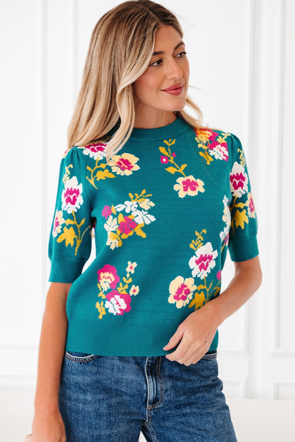 Floral Knit Crewneck Short Sleeve Top - Rooted & Reckless Co.