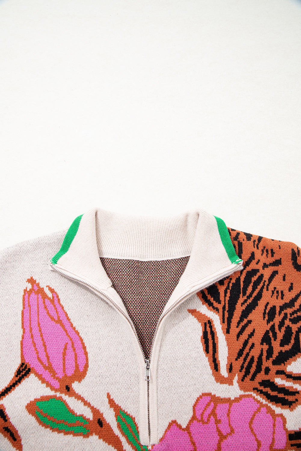 Floral Knit Quarter-Zip Long Sleeve Sweater - Rooted & Reckless Co.