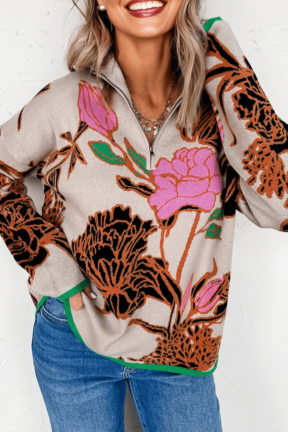 Floral Knit Quarter-Zip Long Sleeve Sweater - Rooted & Reckless Co.