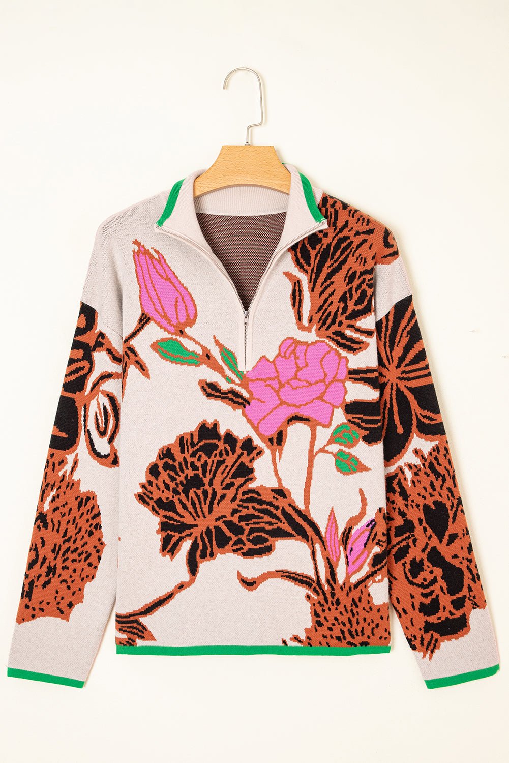 Floral Knit Quarter-Zip Long Sleeve Sweater - Rooted & Reckless Co.