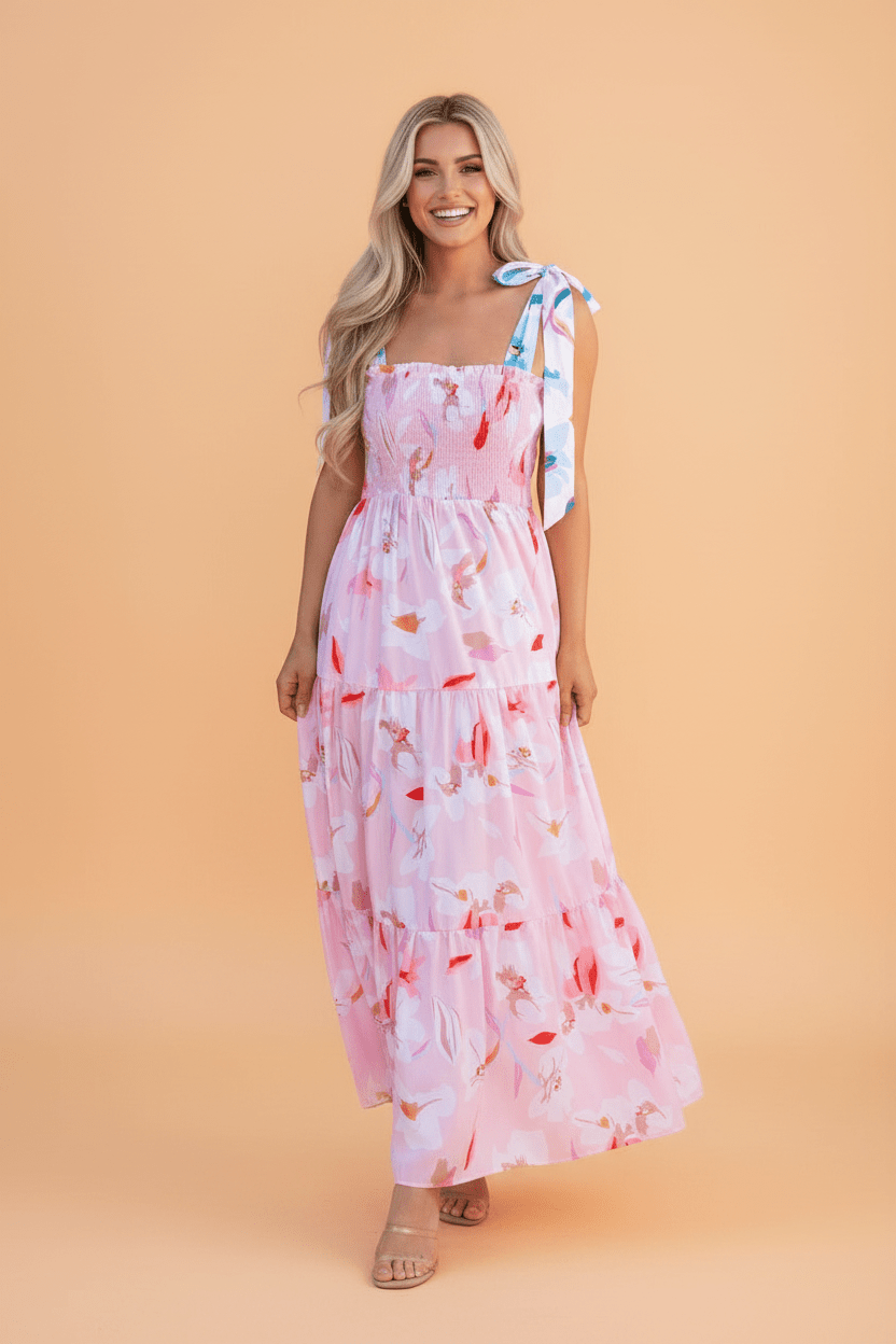 Floral Knotted Shoulder Smocked Maxi Dress - Rooted & Reckless Co.