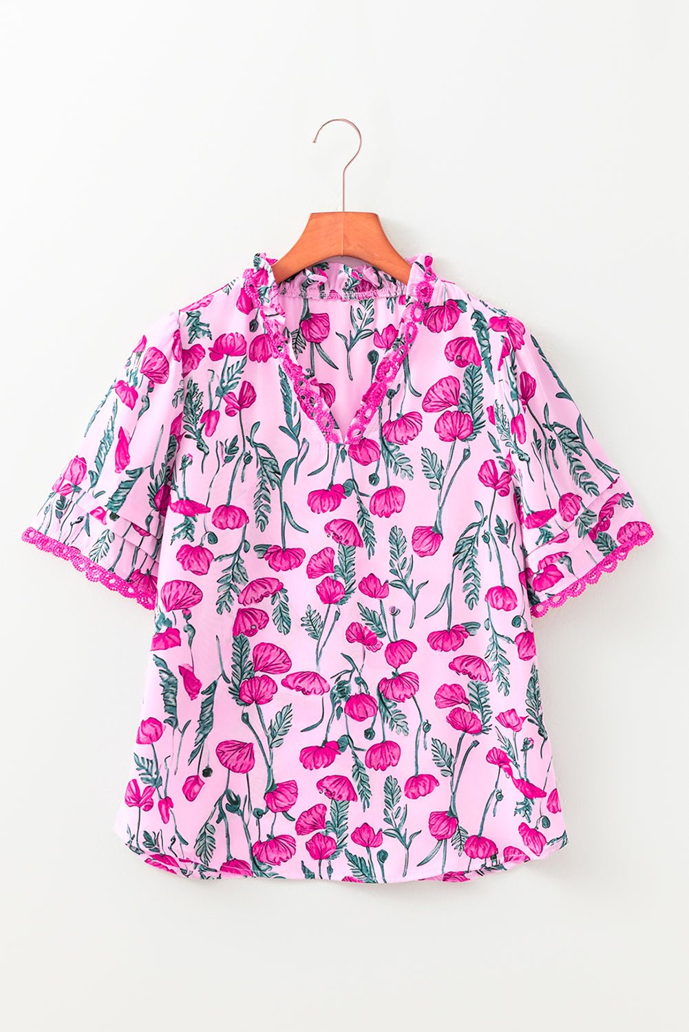 Floral Lace Detail Frilled V-Neck Short Sleeve Blouse - Rooted & Reckless Co.