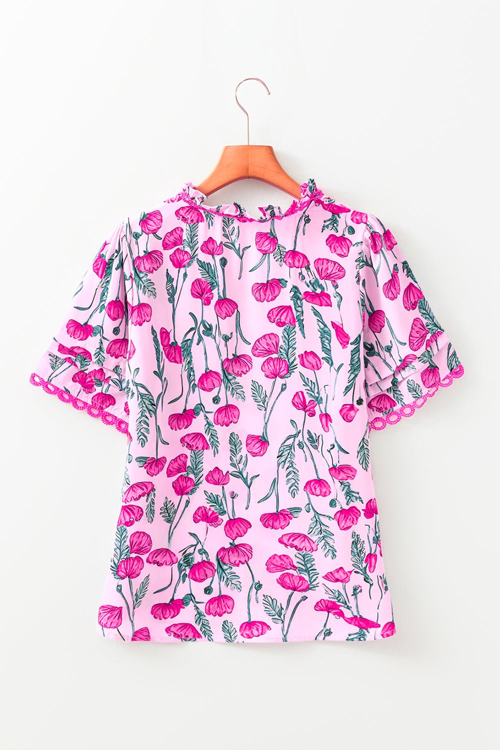 Floral Lace Detail Frilled V-Neck Short Sleeve Blouse - Rooted & Reckless Co.