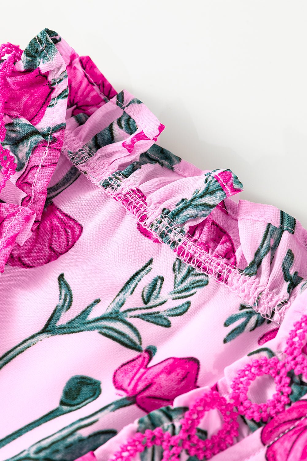 Floral Lace Detail Frilled V-Neck Short Sleeve Blouse - Rooted & Reckless Co.