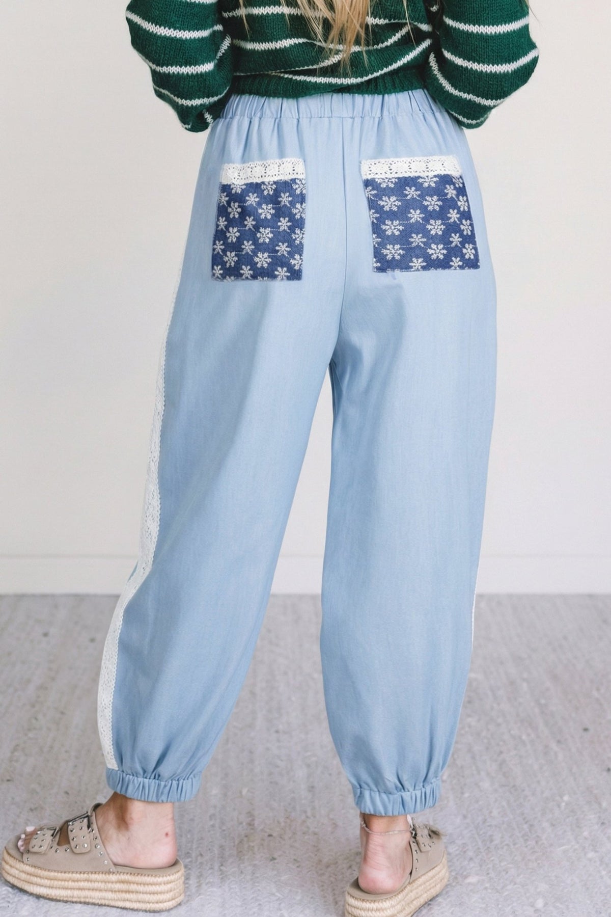 Floral Lace Patch Pocket Pleated Wide Leg Pants - Rooted & Reckless Co.