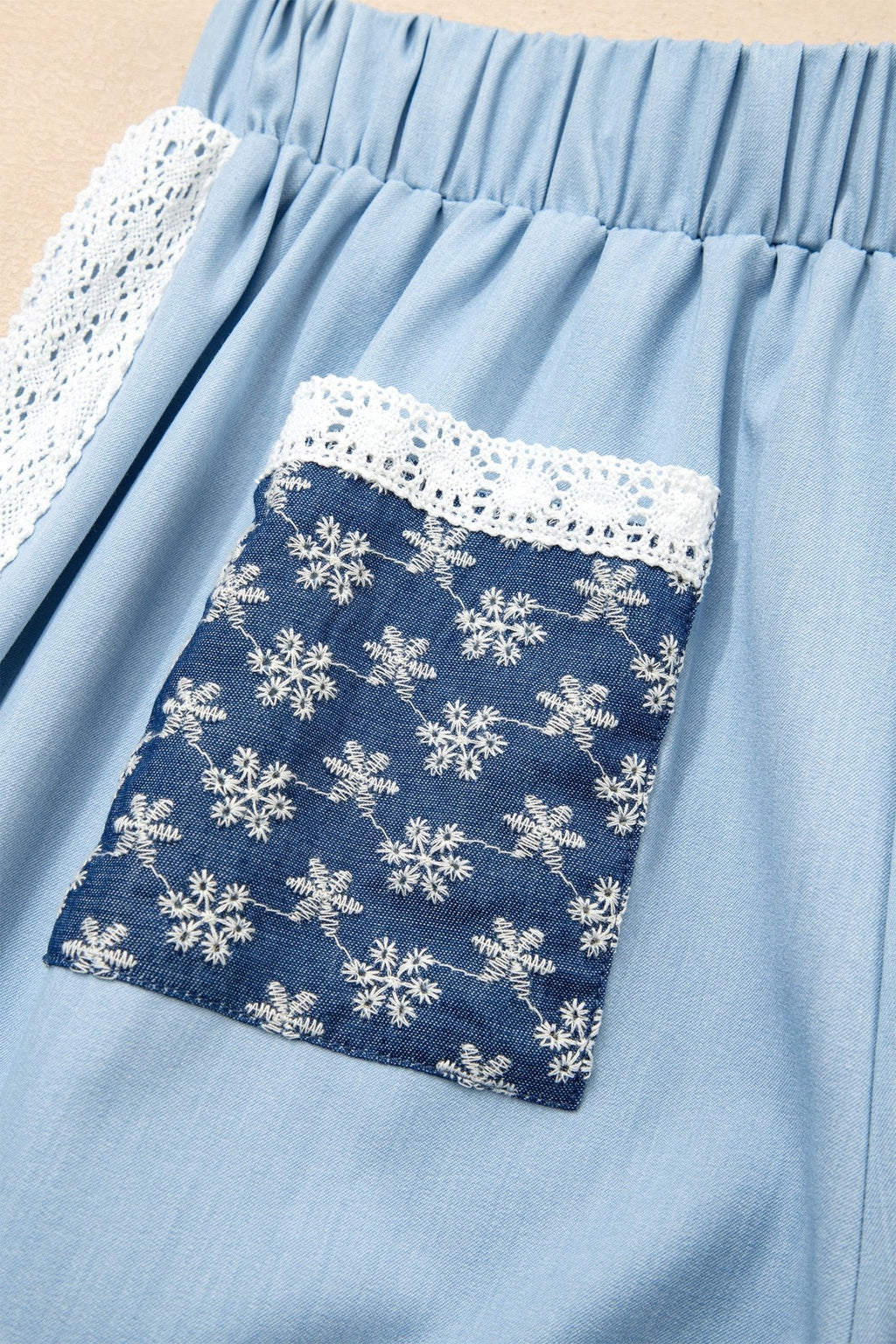 Floral Lace Patch Pocket Pleated Wide Leg Pants - Rooted & Reckless Co.