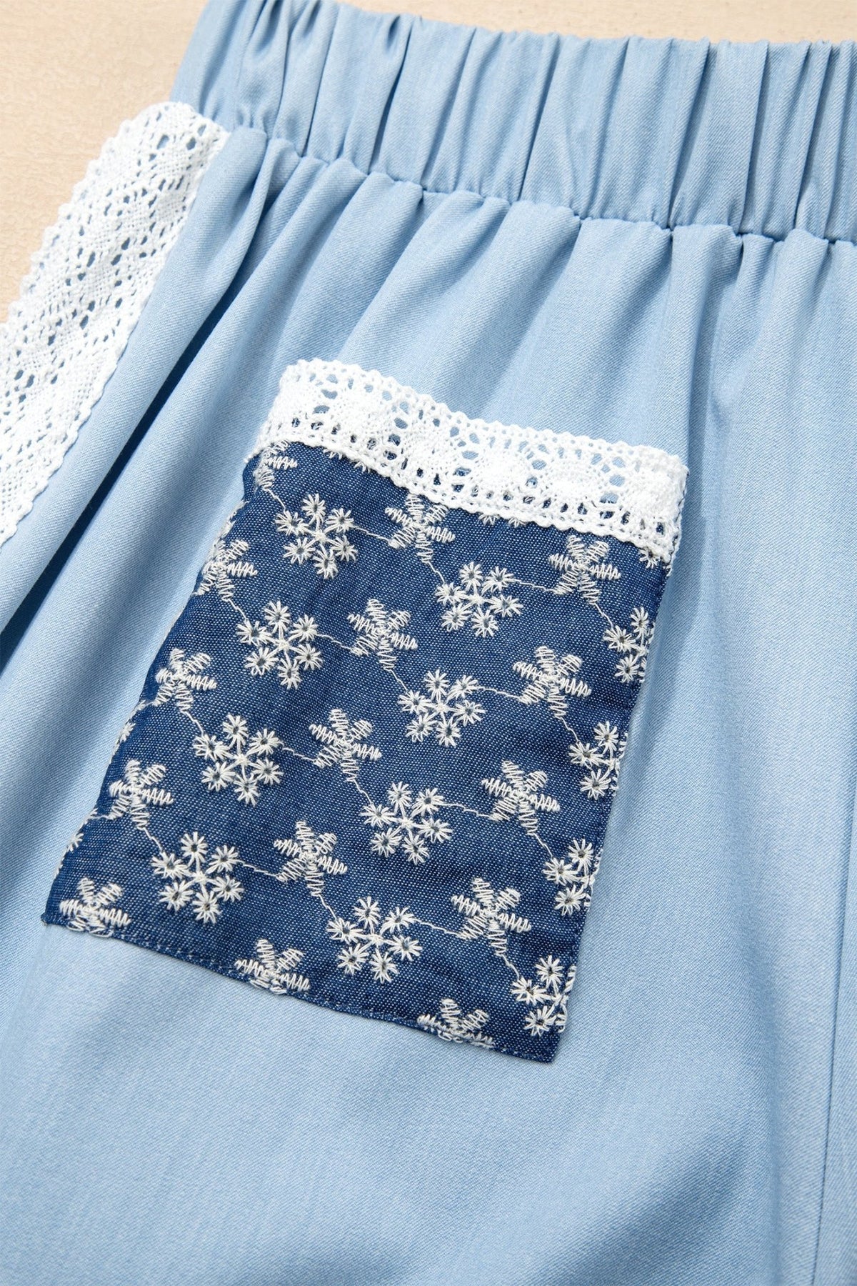 Floral Lace Patch Pocket Pleated Wide Leg Pants - Rooted & Reckless Co.