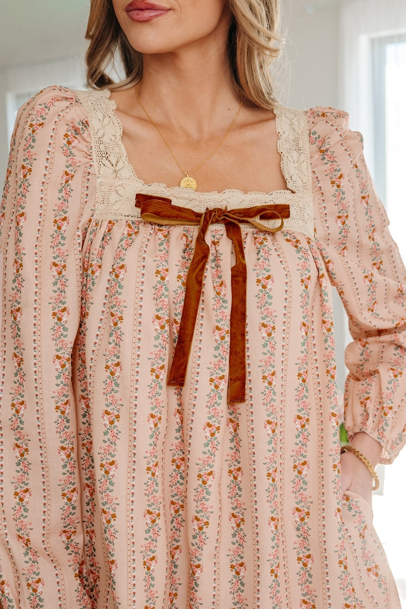 Floral Lace Square Neck Velvet Bow Tie Mini Dress - Rooted & Reckless Co.