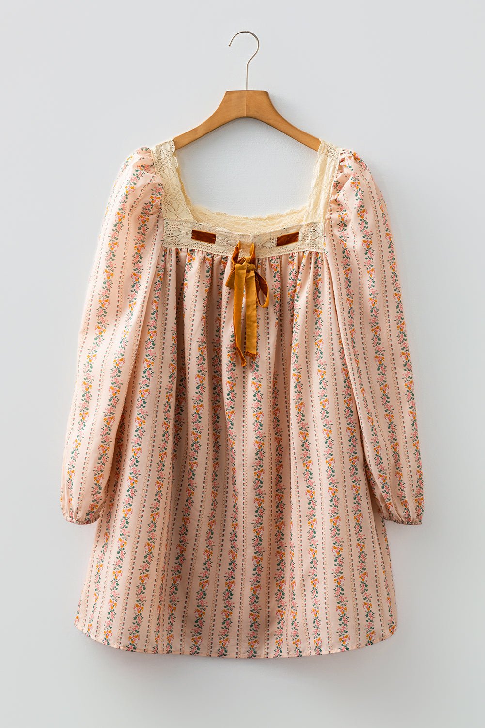 Floral Lace Square Neck Velvet Bow Tie Mini Dress - Rooted & Reckless Co.
