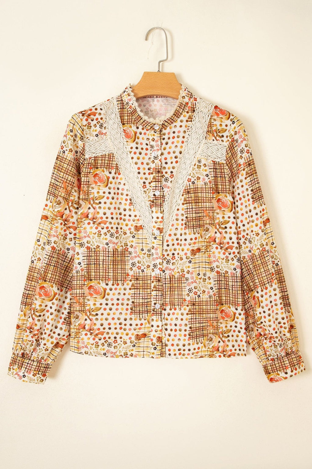 Floral Lace Trim Button Down Long Sleeve Shirt - Rooted & Reckless Co.