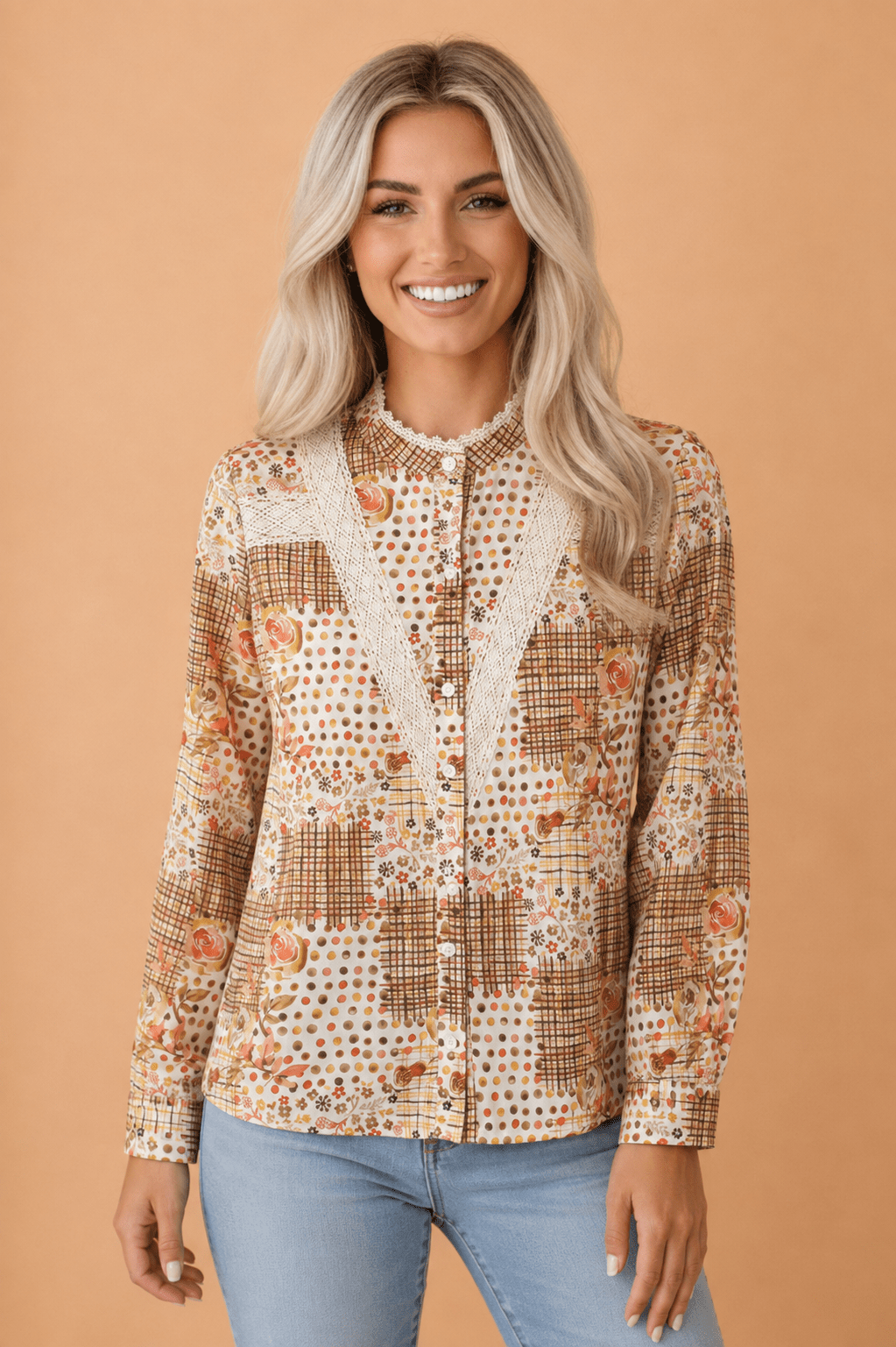 Floral Lace Trim Button Down Long Sleeve Shirt - Rooted & Reckless Co.