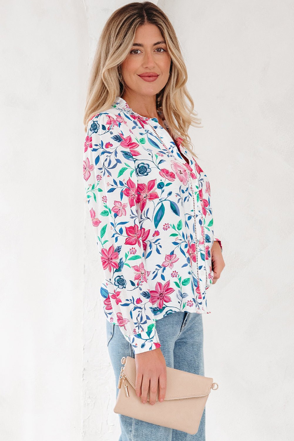 Floral Lace Trim Buttoned Long Sleeve Shirt - Rooted & Reckless Co.