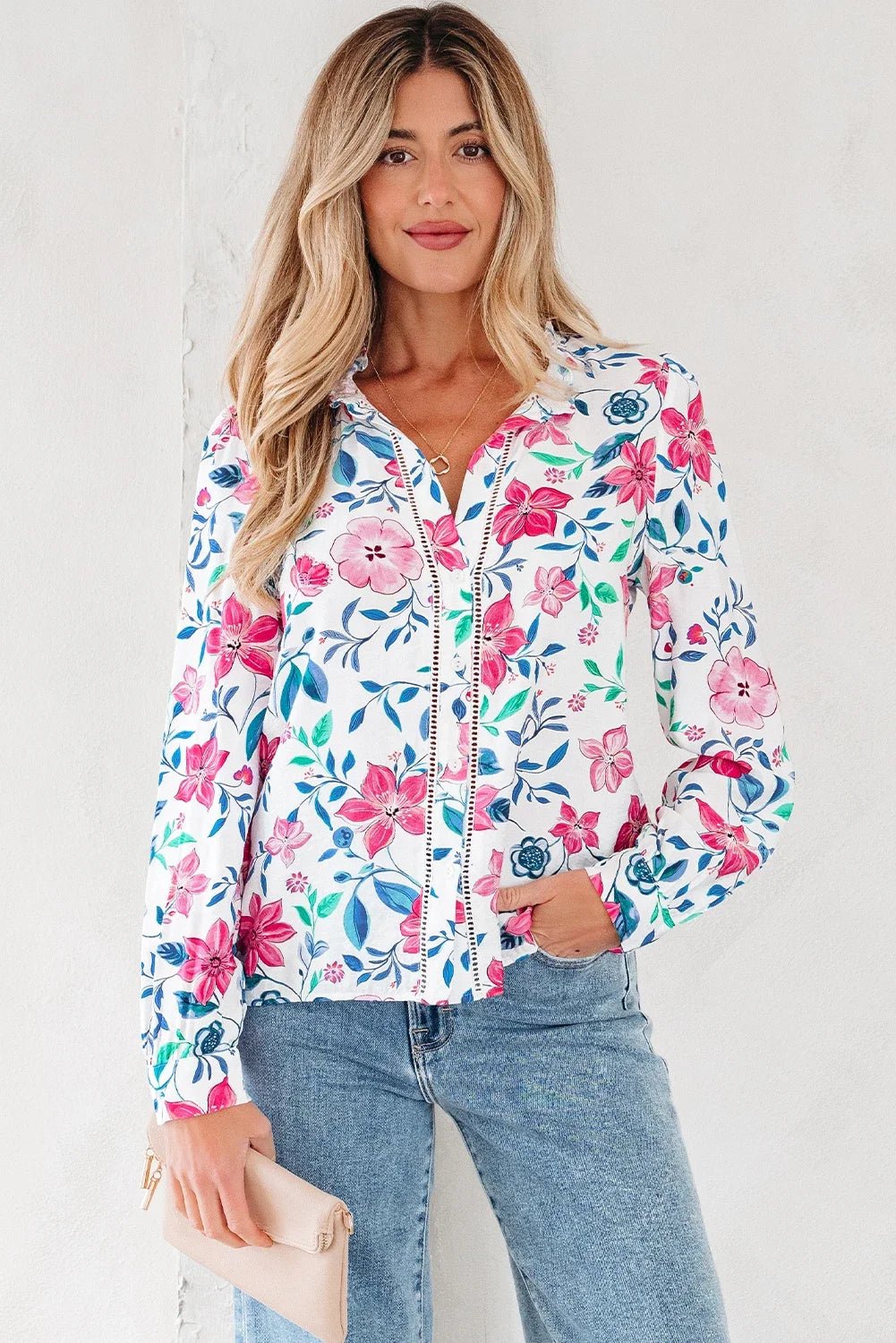 Floral Lace Trim Buttoned Long Sleeve Shirt - Rooted & Reckless Co.