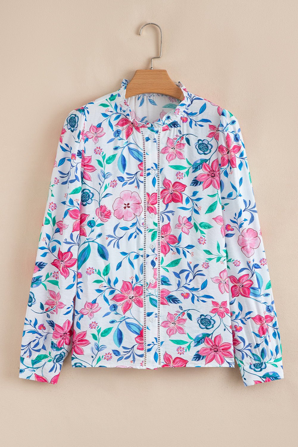 Floral Lace Trim Buttoned Long Sleeve Shirt - Rooted & Reckless Co.