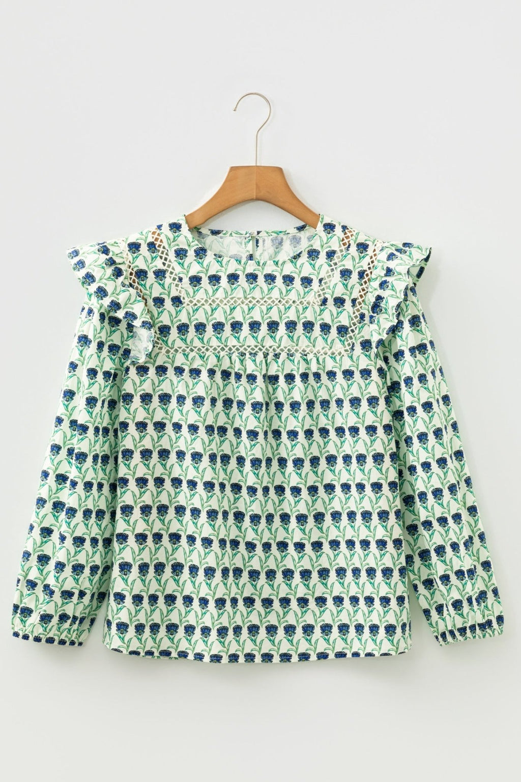 Floral Lace Trim Ruffle Long Sleeve Blouse - Rooted & Reckless Co.
