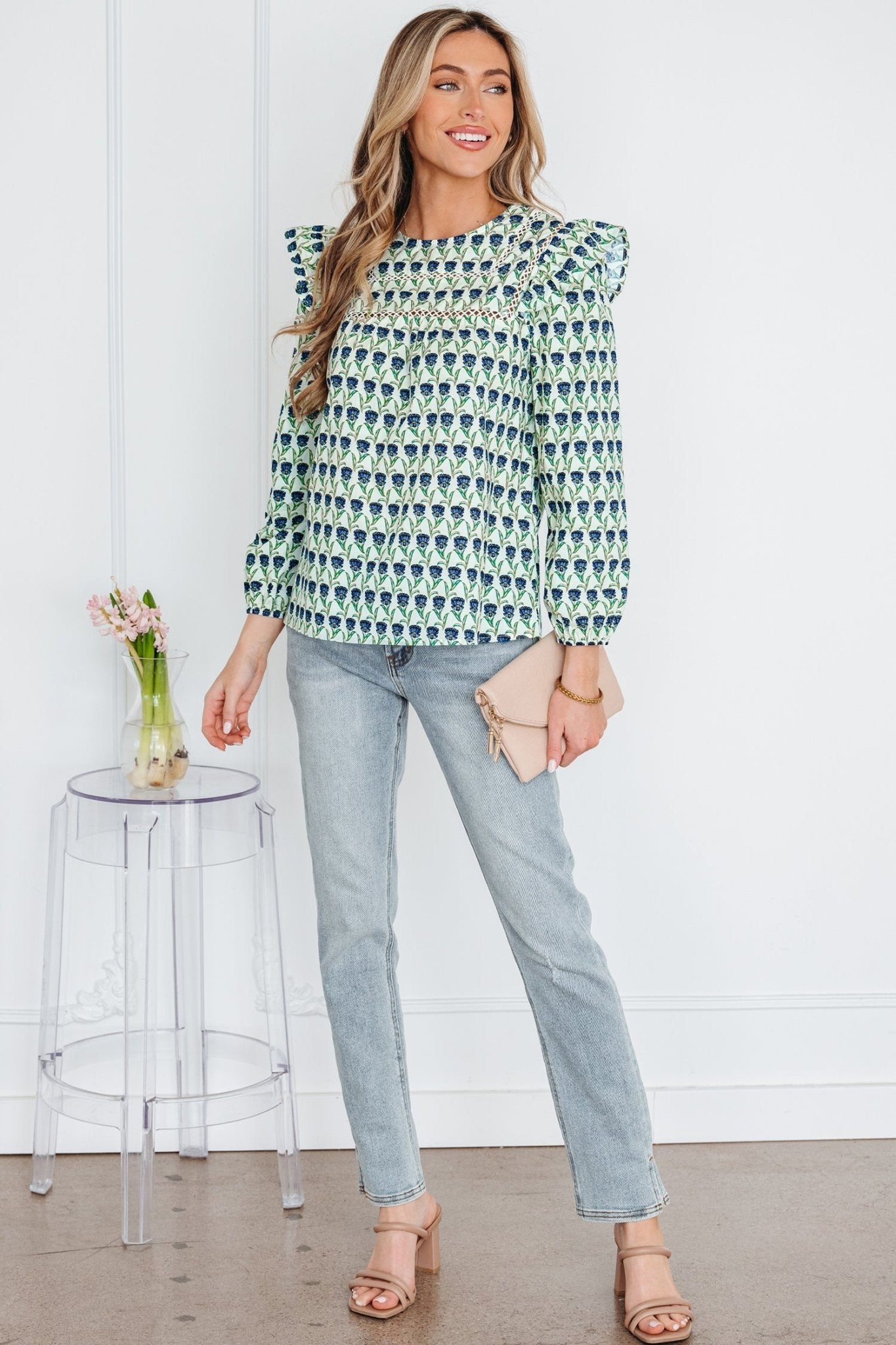 Floral Lace Trim Ruffle Long Sleeve Blouse - Rooted & Reckless Co.