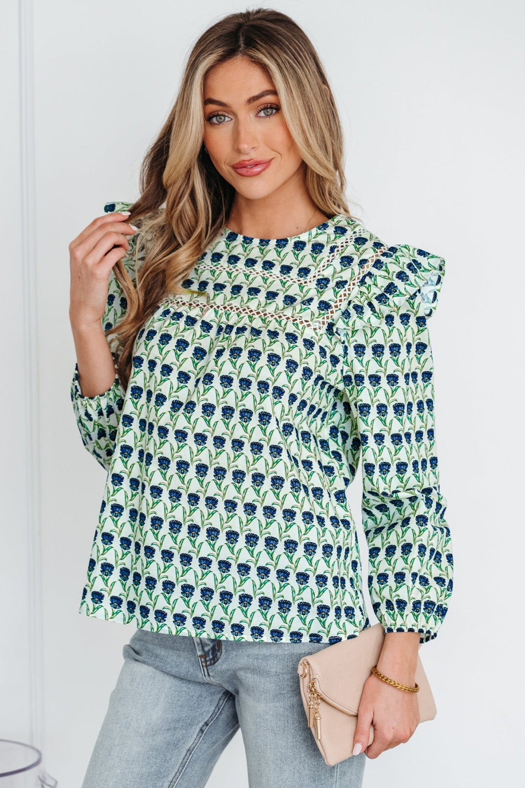 Floral Lace Trim Ruffle Long Sleeve Blouse - Rooted & Reckless Co.