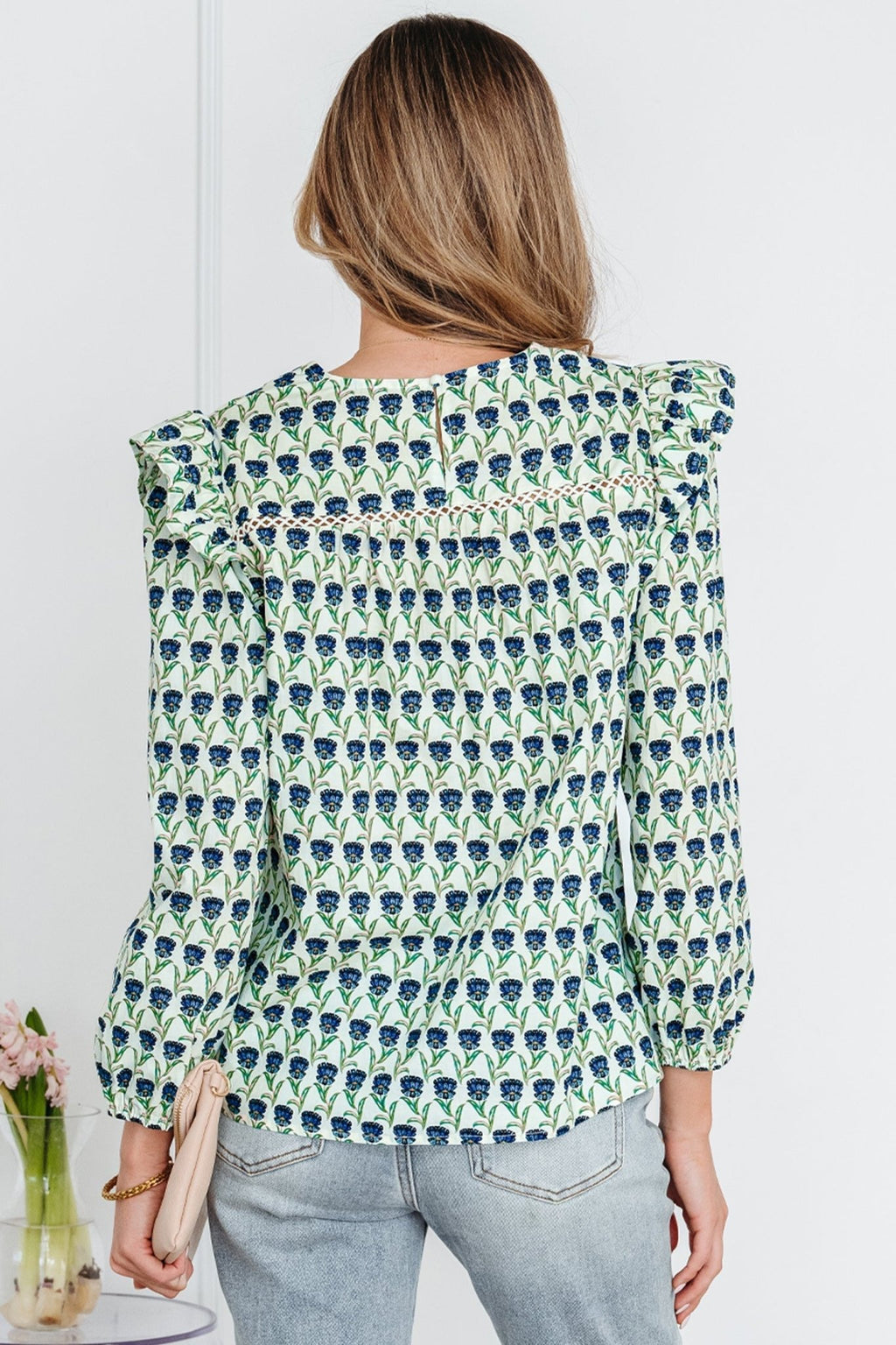 Floral Lace Trim Ruffle Long Sleeve Blouse - Rooted & Reckless Co.
