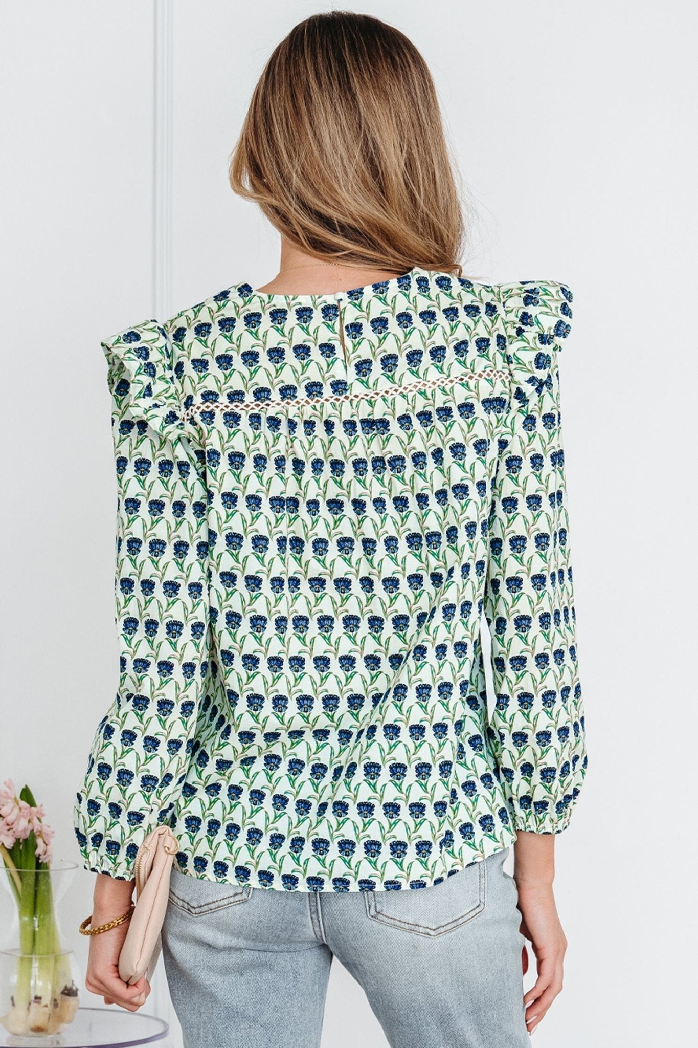 Floral Lace Trim Ruffle Long Sleeve Blouse - Rooted & Reckless Co.