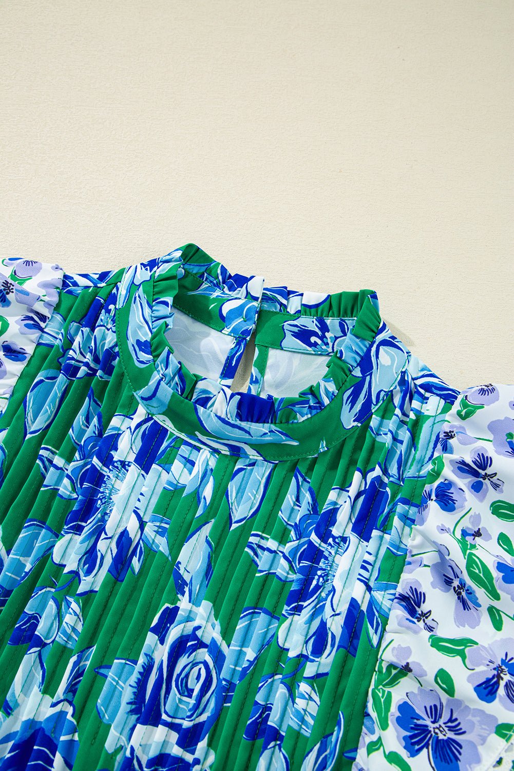 Floral Lace Trim Ruffle Sleeve Pleated Blouse - Rooted & Reckless Co.