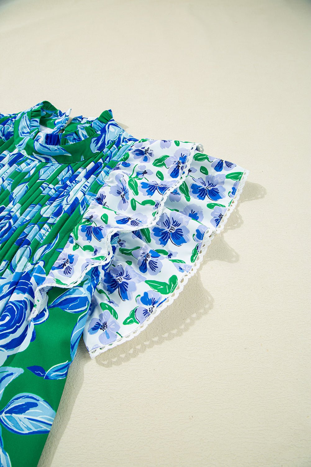 Floral Lace Trim Ruffle Sleeve Pleated Blouse - Rooted & Reckless Co.